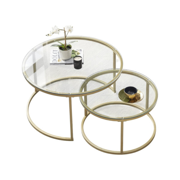 Set of 2 Round Glass Coffee Tables with Gold Metal Frame D0016 - Image 2