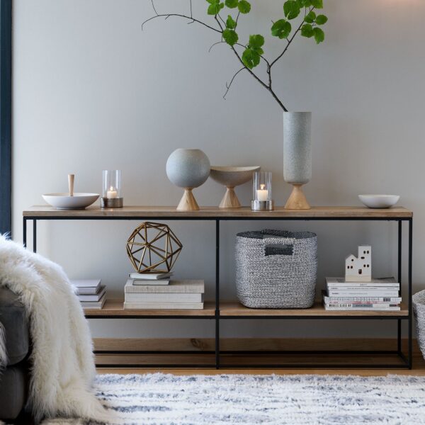 Modern TV Stand with Wooden Shelves and Metal Frame D0017
