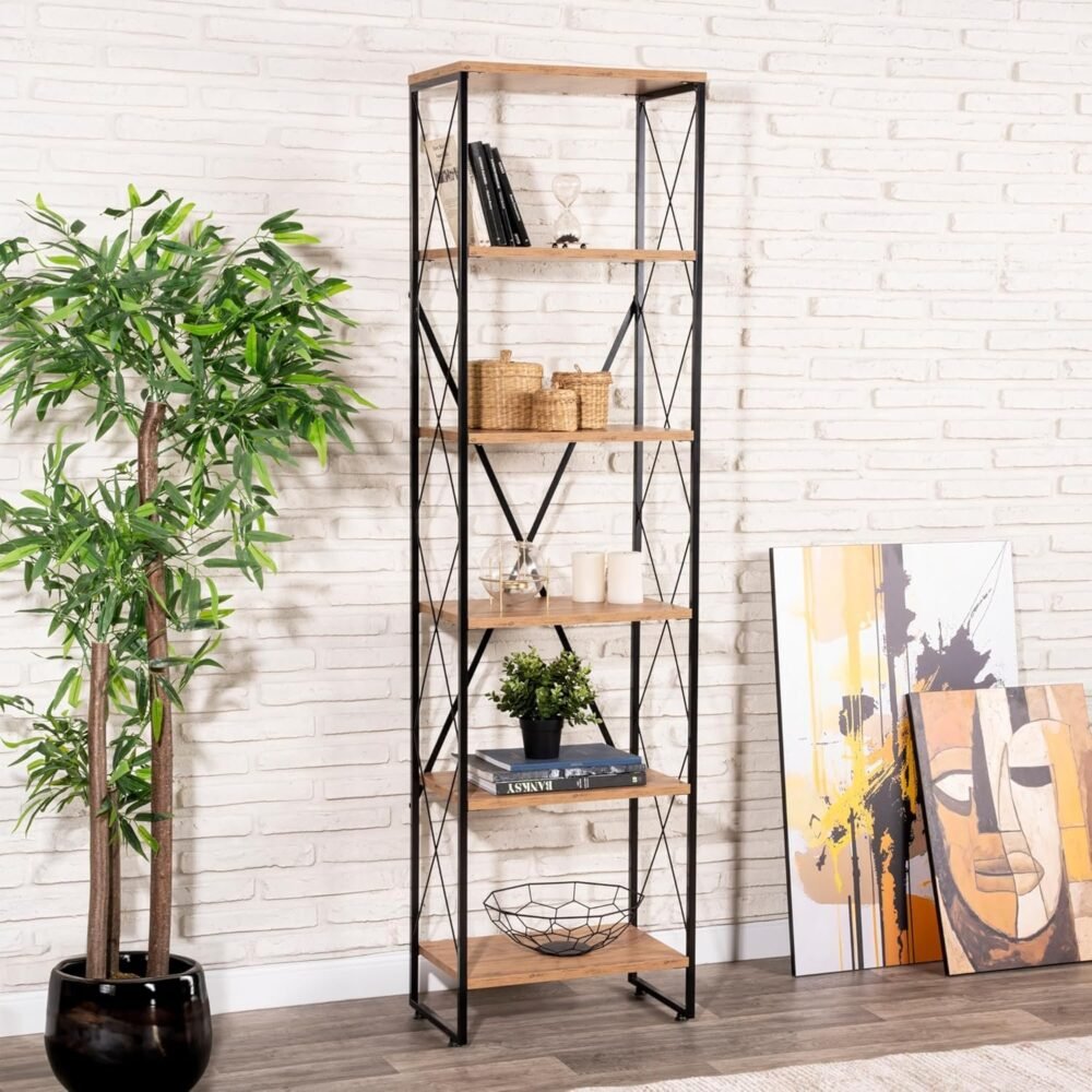 Metal Bookcase with Wooden Shelves D0014