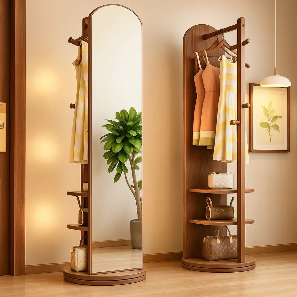 360° Rotating Mirror with Storage Shelves & Coat Hooks – Freestanding Organizer for Bedroom & Entryway DE010
