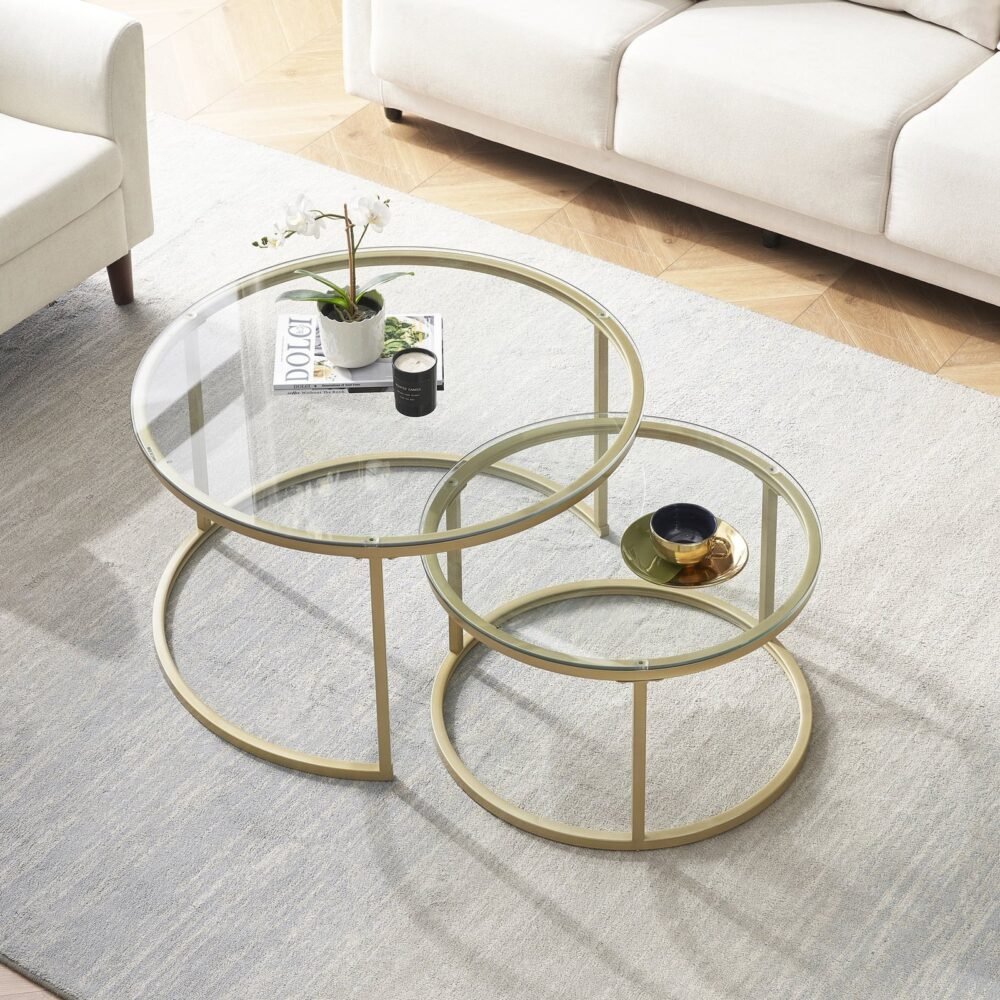 Set of 2 Round Glass Coffee Tables with Gold Metal Frame D0016